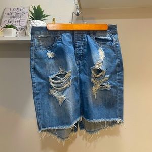 Cool Girl Jean Mini Skirt with Shreds, Functional Pockets, Frayed Edge